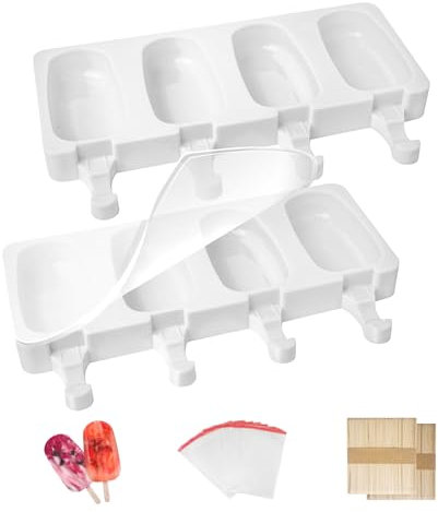 Lot de 2 Moules a Glace Silicone, Antiadhésifs Moule Pop Cake Avec Couvercle Silicone, 100 Batonnet En Bois et 50 Sacs de Glace, Sans BPA, Blanc