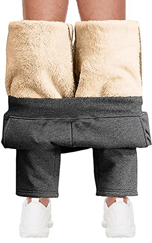 CheChury Jogginghose Herren Winter Fleece Sweathose High Waist Trainingshose Sherpa Gefüttert Warme Männer Sporthose Baumwolle Slim Fit Freizeithose mit Reißverschluss Taschen Relaxing Hose,Grau,XL