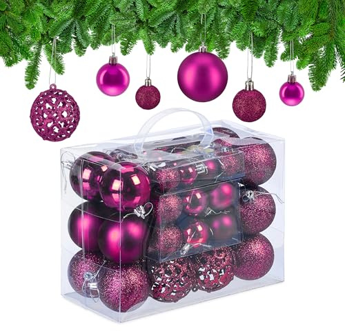 Relaxdays Weihnachtskugeln im 50er Set, glitzernde, Matte & glänzende Christbaumkugeln, Kunststoff, ∅ 3, 4 & 6 cm, pink, Dunkelrosa