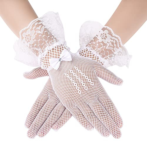 ASTER Gants en Dentelle Recadrée Lace Gloves pour Dames Gants en Dentelle Florale Blanc Gants de Protection Solaire Dames Mariage Dîner Fête Années 1980 Vêtements de Fête Halloween