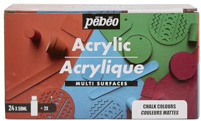 PEBEO - Acrylic Multi Surfaces - Set 24 Bottles 59ml Matte Assorted Colours + Accessories - Acrylic Painting Kit for Artist and Beginner - 2 Brushes - Luminous and Opaque Colours
