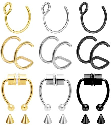 Yolev 9 Stück Fake Nasenpiercing Magnetischer Fake Nasenring Edelstahl Piercing Nasenring Kein Piercing Septum Nasen Ring Damen Halloween Karneval Schmuck Zubehör