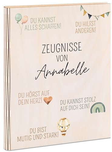 wunderwunsch® - Personalisierte Zeugnismappe aus Holz mit hochwertigem Spezial-Druck - Einschulung Geschenk - Zeugnismappe Jungen & Zeugnismappe Mädchen (Affirmationen)