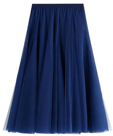 Tyllkjol dam A-linje elastisk hög midja midikjol mesh stor fåll lång kjol elegant veckad kjol sommarkjol, Mörkblå, one size