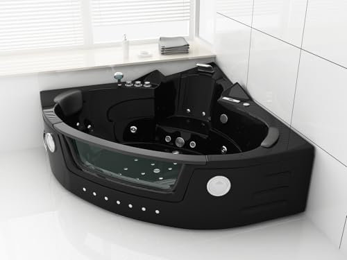 Whirlpool Milano de lujo, 152 x 152 cm, color negro, bañera calefactable para 2 personas con 14 chorros de agua, 16 chorros de aire, luz LED, sistema de sonido Bluetooth, cascada, desinfección