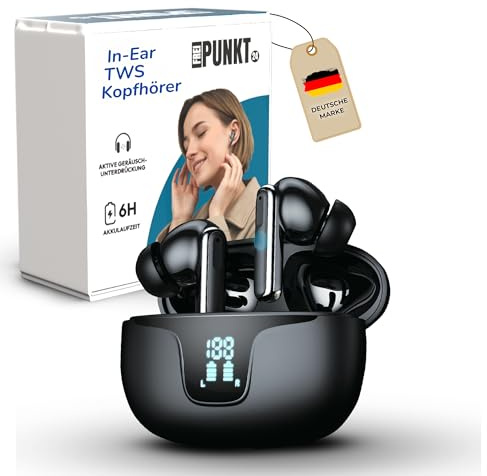FREI PUNKT 24 Auriculares intrauditivos – Bluetooth 5.3 negro, cancelación de ruido ANC+ENC, tiempo de funcionamiento 6+48h, pantalla LED, graves intensos, 3 pares de almohadillas de silicona