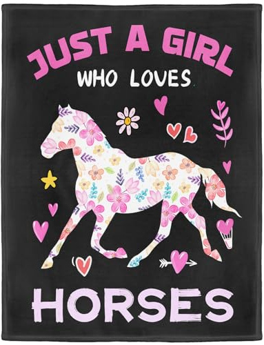 YISUMEI Horse Fleece Throw Blanket, Just A Girl Who Loves Horses Design, Gift for Girls Women Kids, 125 x 150 cm, Black