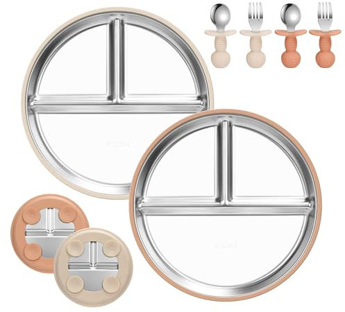MOJINL Edelstahl Baby Teller mit Silikon Saugnapf, Silikon Babyteller mit Saugnapf, Rutschfest Kinderteller mit Unterteilung, Spülmaschinenfest Babyteller mit 4 Stück Babybesteck, BPA Frei, 2 Stück