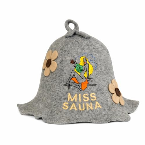 SAUNA GURU Bastuhatt 'Miss Sauna Flower' grå – 100 % ekologisk ullfilthattar för Ryska Banya – skydda ditt huvud från värme – bastu e-bokguide ingår – med broderi, fröken bastu, grå, en storlek