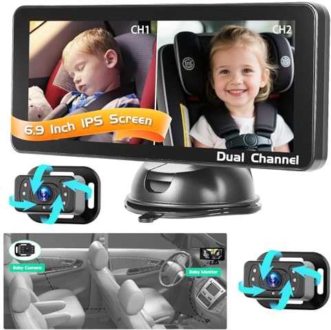 Inefala Cámara para Bebé para Coche Canal Doble para 2 Niños, Pantalla Dividida de 6,9, Pantalla Ultra Ancha HD con Cámaras Duales, Fácil Instalación, Cámaras de Visión Nocturna 360° Giratorias