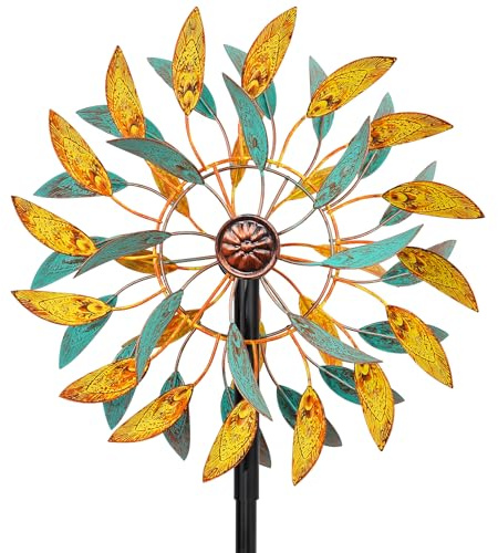 Metal Wind Spinners Outdoor, Kinetic Garden Wndmills,Yard Art Windmill with Metal Stake,Vintage Wind Sculptures & Spinners,Waterproof Pinwheels Large Wind Mill for Patio Lawn Yard Garden (Yellow+Blue)