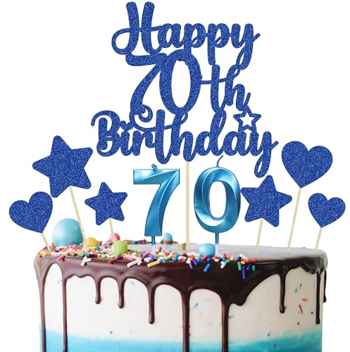 Gyufise 15Pcs Happy 70th Birthday Cake Topper Set with Heart Star Glitter Cheers to 70 Years Cake Picks Number 70 Candles Cake Decorations for Happy 70th Birthday Anniversary Party Supplies Blue
