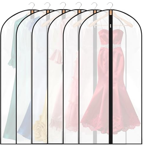 6 Pack Garment Bags, 47in PEVA Suit Bags Clothes Covers, Black Edge | Waterproof Dustproof Protection, Full Zip, Reusable, Translucent Design, For Dresses, Coats, Suits, Home or Travel