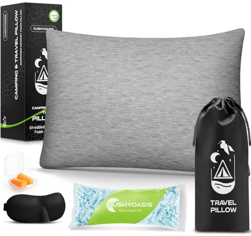 CushyOasis All-in-1 Camping Pillow Set - Shredded Memory Foam Neck Pillow Travel Pillow with Eye Mask, Earplugs, Washable Cover, Compact for Backpacking, Camping, Flights, Car Travel (Small Size)