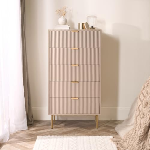 OHS 5 Drawer Chest of Drawers, Ribbed Tall Dresser for Bedroom Space Saving Wooden Storage Cabinet with Metal Handles Decorative Side Tables for Bedroom Living Room Hallway, Natural