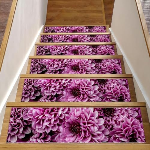 Eslifey Krysantemum blomstrappsteg för trästeg, 15-pack 76 x 20 cm halkfria inomhus trapplöpare trappmattor för hundar, barn, äldre med återanvändbart lim