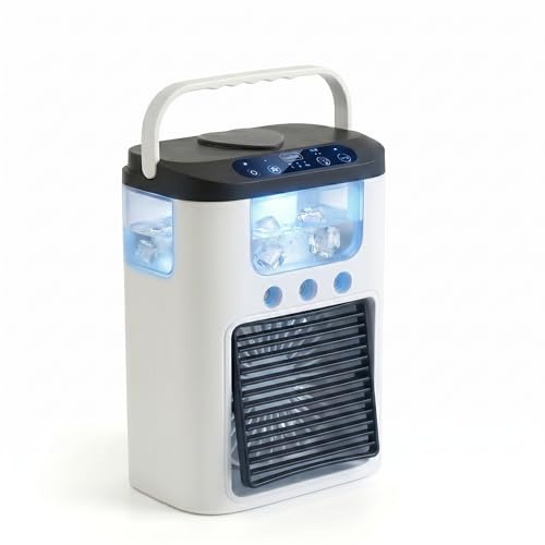 Ventilatore portatile per aria condizionata, alimentato tramite USB, mini condizionatore da tavolo ricaricabile con 3 velocità e 3 modalità di nebulizzazione, serbatoio dell'acqua da 600 ml, luce RG