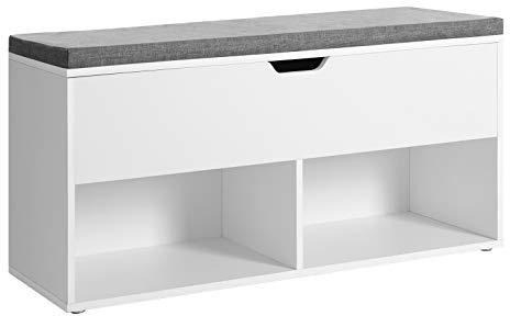 VASAGLE Banco para Zapatos, Almacenamiento con 2 Compartimentos Abiertos y 1 Cerrado, Estante para Zapatos, Asiento Acolchado, para Pasillo Entrada Dormitorio, 100 x 30 x 48 cm, Blanco LHS21WT