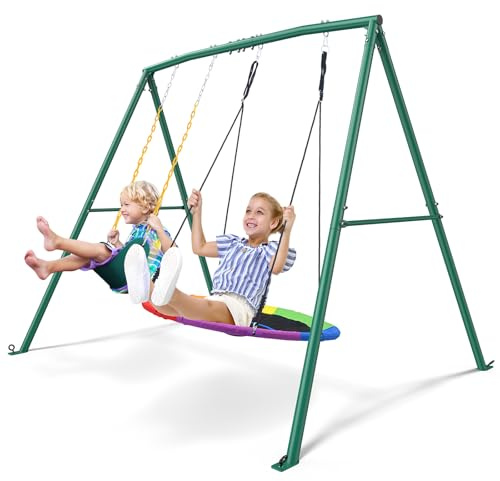 Trekassy 440lbs Capacity Swing Sets for Backyard - 2 Seat Outdoor Playset with Saucer & Belt Swing, Heavy-Duty A-Frame Metal Stand for Kids Family Fun (Patented)