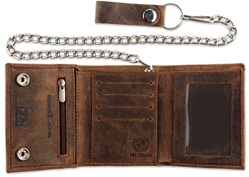F&L CLASSIC RFID Blocking Men's Tri-fold Vintage Biker Cowhide Leather Steel Chain Wallet,Snap closure, USA,Vintage buffalo brown,315