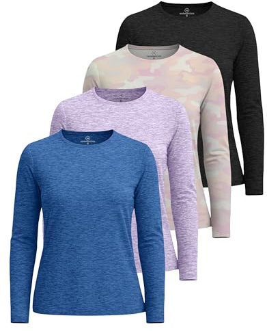 4 Pack: Womens Quick Dry Fit Tech Stretch Long Sleeve Athletic Workout Ladies T-Shirt Tee Top Running Compression UPF Sun Rash Guard Gym - Set 8, L