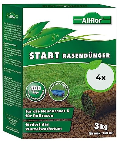 Allflor Start-Rasendünger 4 x 3 kg I Für die Neuaussaat & Rollrasen I Rasendünger streuwagenfähig in der Faltschachtel I Mit optimaler Nährstoffkombination für starke Wurzeln I Für ca. 600m²