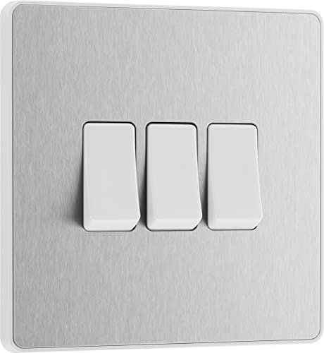 BG Electrical PCDBS43W Interrupteur mural triple 2 voies Plaque avant sans vis Bords arrondis Acier brossé 20 A 16 AX