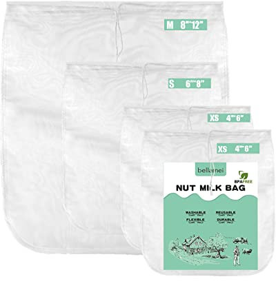 Bellamei 4 pack Nut Milk Bag Reusable Food Strainers Nut Bags For Straining Almond/Soy Milk Greek Yogurt Professional for Cold Brew Coffee Tea Beer Celery Juice（2 * 4''x6''、6''x8''、8''x12''）