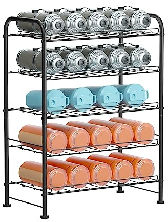 OYEAL Plastic Water Bottle Storage Rack 5 Tier Bottled Water Holder Organizer Freestanding Floor Small Beverage Soda Drink Stand Shelf for Kitchen Pantry Can Storage, Hold 30 Bottles, Black