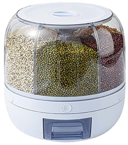 Rundspender für Trockenfutter, 360° Drehbarer Getreidespender Luftdichte Vorratsbehälter 6 in1 Küche Geteilte Trockenfutterbehälter für Körner Nüsse Kaffeebohnen Dispensierbehälter