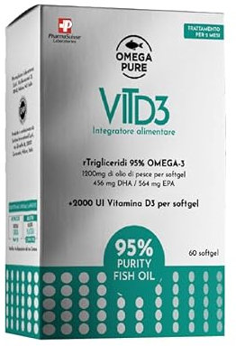 OmegaPure Vit.D3 Integratore di Omega–3, EPA e DHA e Vitamina D3. Formulato con 95% di Omega–3 in forma rTG consente un assorbimento ottimale a livello delle mucose intestinali - 60 softgel