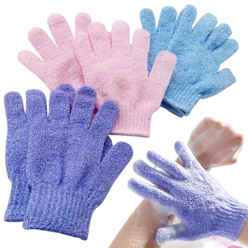 3 Pares Guante Exfoliante Corporal, Guantes Exfoliantes Ducha Manoplas Baño, Guantes de Baño Exfoliantes Guantes de Ducha de Doble Cara Manoplas Exfoliantes Guantes para Exfoliar el Cuerpo - 17x12 CM