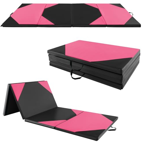 COSTWAY 300 x 120 cm gymnastikmatta vikbar, mjuk golvmatta tjocklek 5 cm, sportmatta med kardborreband och bärhandtag, gymnastikmatta för hem, träningsmatta, yogamatta (rosa svart)