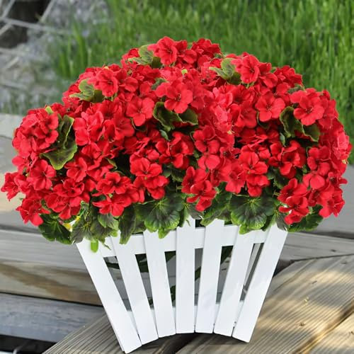 Betylifoy Artificial Geraniums for Outdoors 17.3 Inch Artificial Flowers 3 Bundles Silk Flowers Fake Outdoor Flowers Artificial Plants UV Resistant for Home Garden Vase Table Centerpiece (Red)