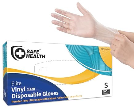 Safe Health Guantes desechables de vinilo multiusos de plástico, seguros para alimentos, sin látex, sin polvo, no estériles, 3 mil para limpieza, lavado, salón, servicio, hogar, diario, pequeños (caja