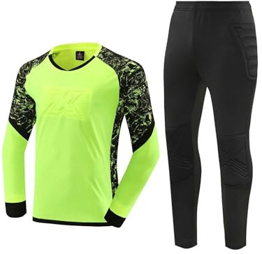 TiaoBug Jungen Fußball Torwart Trikot Set Gepolstert Langarm Sportshirt und Sporthose Schutzbekleidung Ausrüstung Anzug Leucht Grün 134-140