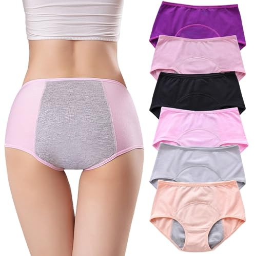 unhg Ropa Interior incontinencia para Mujeres, Bragas de algodón a Prueba de Fugas, Braguitas Menstrual Lavables de Talla Grande, 6 Piezas,Multi Colored,S