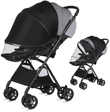 Bemece Universal Baby Mosquito Net for Pushchair Sun Shade(UPF50+), Breathable Mosquito Net for Strollers with Two-way Zippers, Stable&Foldable, Suitable for Buggy,Carrycot(Charcoal)