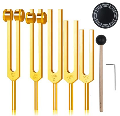 NEWFUN Stimmgabel,Stimmgabel Neurologie,Stimmgabel 128 Hz,Set von 5 Stimmgabeln (128HZ, 136.1HZ, 256HZ, 384 Hz, 512 Hz) für Klangtherapie Gewichtete Stimmgabel Geeignet für Meditation