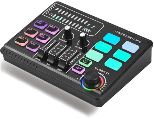 Mischpult, Gaming Audio Mixer Gaming Sachen RGB Soundkarte Audio-Interface mit Bluetooth Stimmverzerrer Funktion für PC/Phone/Gamer Creators/Live/YouTube/Individuelle Steuerung/Podcast