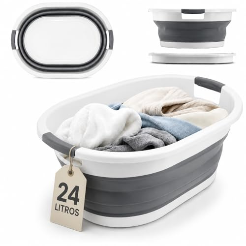 Cesto Plegable de Colada Silicona con Asas | Capacidad 24 litros Gris Canasto de Plastico | Cesta para Ropa Limpieza Camping | Facil Plegado Ahorra Espacio