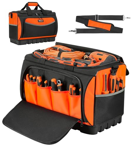 TUFFWORX Wide Mouth Tool Bag with 18 Pockets, 45 x 28 x 32 CM, Heavy Duty Electrician Tool Bags, Tool Storage Organiser with Waterproof Tough Base, Orange/Black, 18 Inch