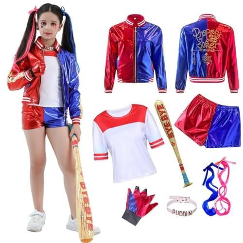 Amycute Costume Carnevale Bambina, Set Vestito Cosplay Carnevale con Parrucca, Mazza da Baseball Gonfiabile, Colletti, Costumi Cosplay Bambina (140)