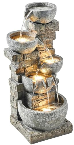 Outsunny Springbrunnen Outdoor aus Kunstharz fünfstöckig Gartenbrunnen mit LED Beleuchtung Pumpe Steinoptik Wasserfall Zimmerbrunnen Wasserspiel Dekorationsbecken für Garten Terrasse 34 x 36 x 80 cm