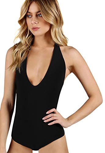 SweatyRocks Women's Y2k Sexy Deep V Neck Halter Bodysuits Backless Low Cut Plunge Bodysuit Going Out Plain Black Medium