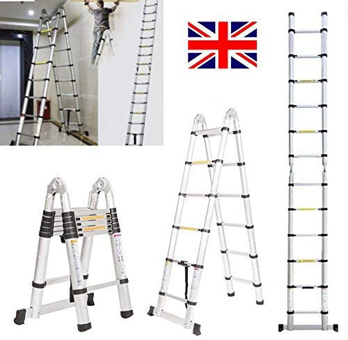 Aluminum 3.8m/12.5ft Folding Telescopic Ladder Extendable 16 Steps, Can Be Straight Or A-Frame Ladder, EN131 Certification, 150KG Capacity