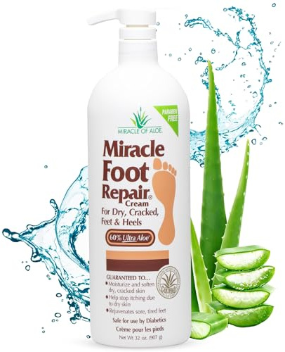 Miracle Foot Repair Cream (32 oz) Repairs Dry Cracked Heels and Feet, 60% Pure UltraAloe Moisturizes, Softens, and Repairs