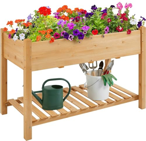 Yaheetech Fioriera/Aiuola Rialzata Orto Balcone Alta da Esterno in Legno Lettino per Piante Giardino con Ripiano Mensola 119 x 57 x 80 cm Portata 100 kg