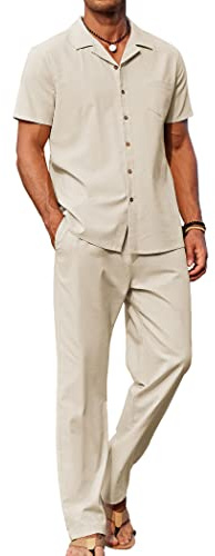 COOFANDY Men 2 Piece Linen Outfit Set Button Up Loose Shirt Elastic Waist Baggy Pants Suit
