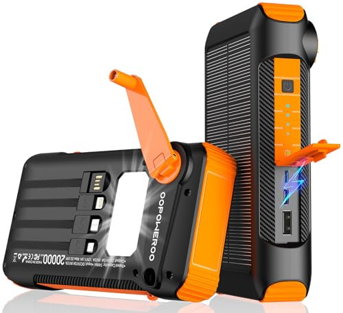 OOPOWEROO Solar Power Bank 20000mAh Built in Hand Crank and 4 Cables 22.5W Fast Charge Power Bank 5 Outputs & 5 Inputs Solar Portable Charger, SOS/Strobe/Strong Flashlights, Carabiner (Orange)